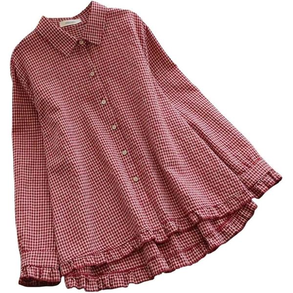 長袖 チェック柄 ブラウス レディース シフォン チュニック 襟なし Mレッド(ギンガムチェック柄レ...