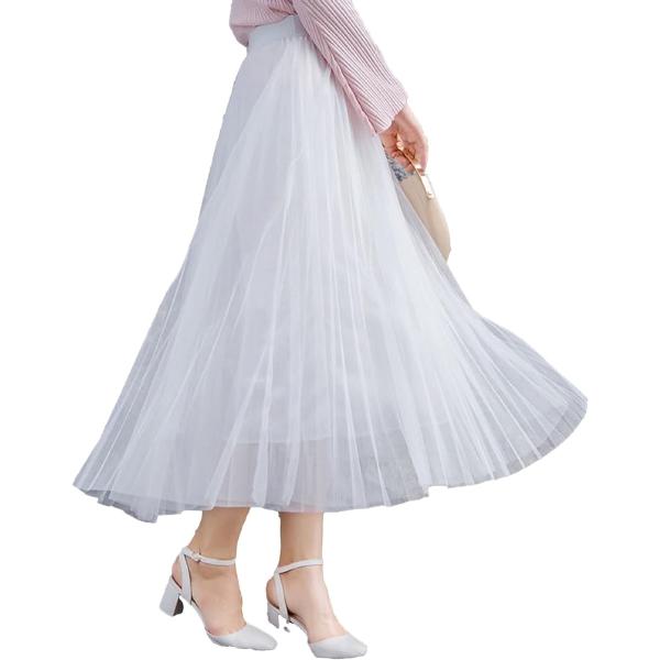 プリーツ スカート aライン レディース ウエスト ゴム フレア ロング マキシ ミモレ( ホワイト...