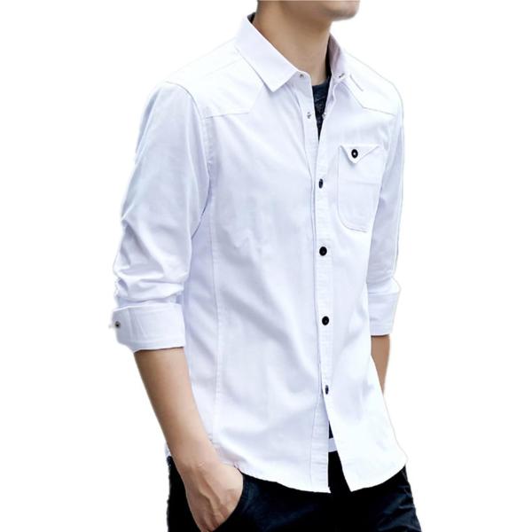シャツ メンズ 長袖 カジュアル コットン 無地 スナップボタン 綿100 春秋 (ホワイト,  L...