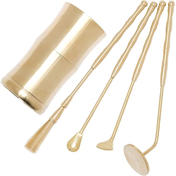 お香道具 5点セット 香炉道具 中国お香セット 羽箒 香匙 灰匙 灰押し 灰押さえ 真鍮 竹筒