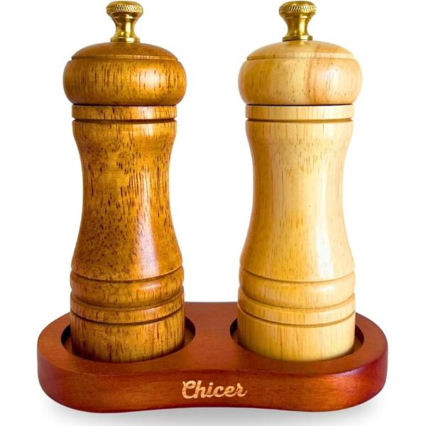 プロ料理人推奨_キッチン用品専門店 受け皿付きペッパーミル 手動 木製 胡椒ミル 2本セット お洒落...