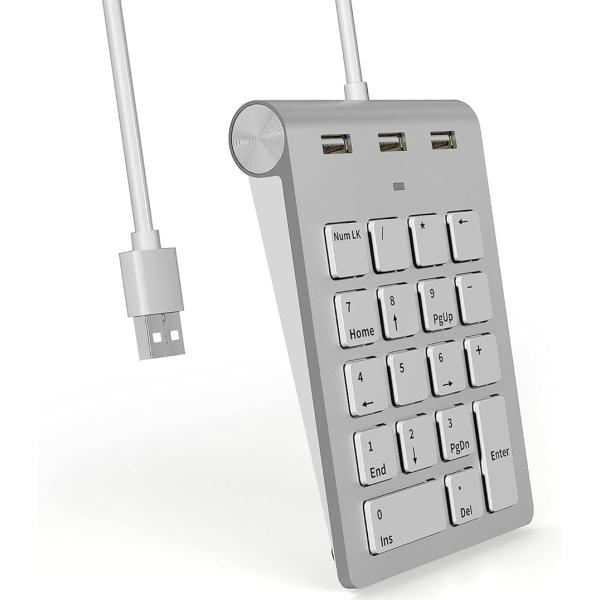 テンキーパッド 有線 USBハブ付き 3つUSB2.0ポート 18キー USBケーブル一体型数字キー...