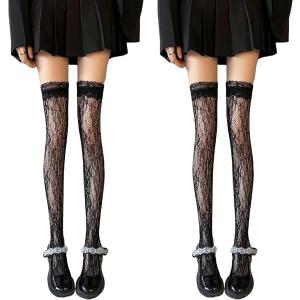 クロスアーチレースリボンオーバーニー白×黒 クロスアーチレースリボンオーバーニー白×黒 クロスアーチレースリボン