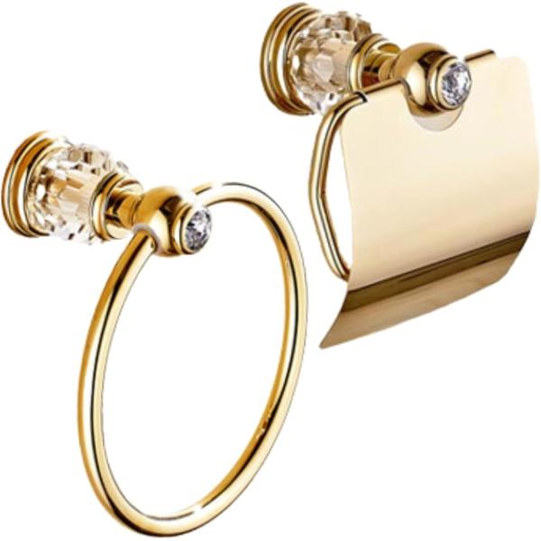 トイレットペーパー タオル ホルダー ハンガー クリスタル ゴージャス 2点セット ゴールド