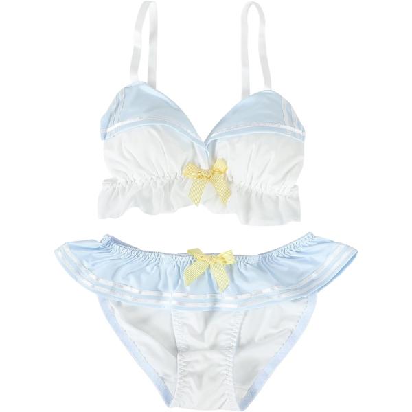 大きいサイズ ゆめかわ フリフリ ノンワイヤー ブラ ショーツ セット( セーラー服風ブルー,  X...