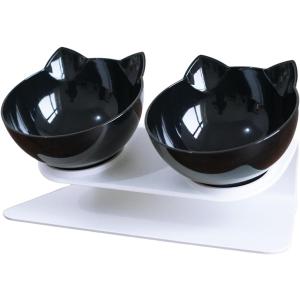 猫 ネコ 犬 フードボウル 餌 エサ 水 入れ ペット 食器 スタンド 付き アクリル 2個 セット ブラック 黒x黒 (黒＆黒)の商品画像