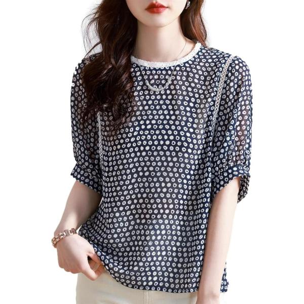 ドット柄シフォンブラウス レースネック シアー素材 五分袖 透け感 涼しげ 夏 薄手 オフィス レデ...