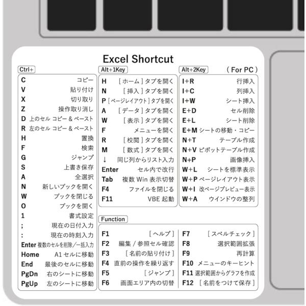 EXCEL ショートカットステッカー ショートカットキー表 ショートカットシール( ホワイト)