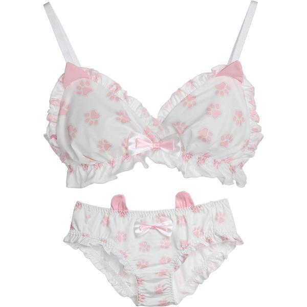 大きいサイズ ゆめかわ フリフリ ノンワイヤー ブラ ショーツ セット( ホワイト・ピンク,  M)