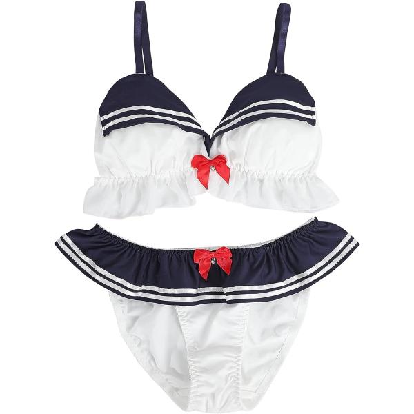 大きいサイズ ゆめかわ フリフリ ノンワイヤー ブラ ショーツ セット( セーラー服風,  M)