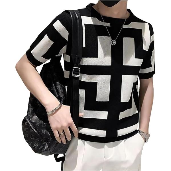 クロス tシャツ メンズ 半袖 大きいサイズ 厚手 ニットシャツ スリム サマー 幾何学模様 柄 デ...