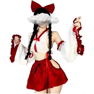 巫女 コスプレ 和装 着物 和服 正月 仮装 衣装 赤 クリーム コスチューム 巫女服 4点セット (ホワイト)の商品画像
