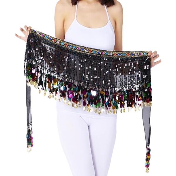 ヒップスカーフ ベリーダンス スパンコール コイン レディースダンススカート( ブラック,  Fre...