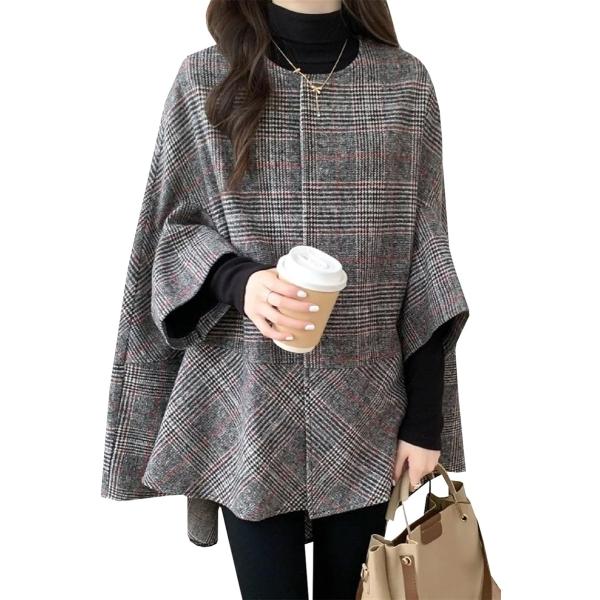 チェック柄 ポンチョ ジャケット コート 羽織 カーディガン アウター レディース チュニック おし...