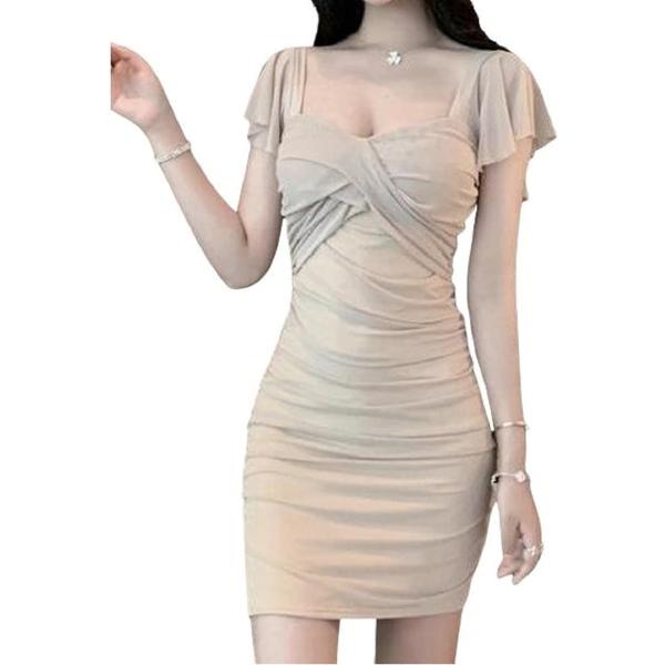 レース タイト セクシー ワンピース ドレス パーティ フリル ミニ スカート カシュクール 半袖 ...