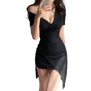 ワンピース 半袖 タイト カシュクール Vネック ハイウエスト( ブラック,  M)