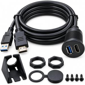 HDMI USB3.0 延長ケーブル 車 カーナビ 増設 後付け 埋め込み パネル取付 M26 丸型 ブラケット ナット付き MDM (2m)