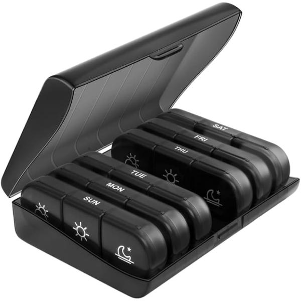 ピルケース 一週間 飲み忘れ防止 薬入れ 持ち運び コンパクト 管理 (ブラックxブラック)