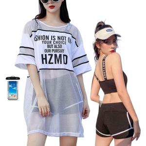 水着 レディース シアーT タンキニ 体型カバー ラッシュガード 付 韓国風 中学生 (ホワイト, Free Size Regular)