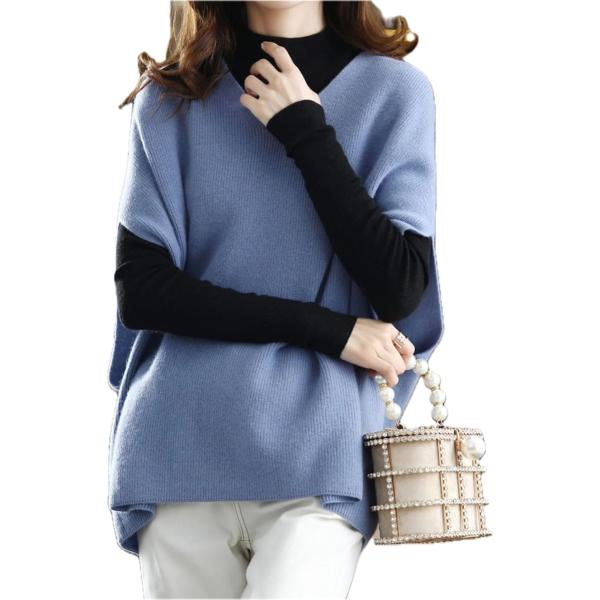 ニット ベスト レディース トップス Vネック ポンチョ風 重ね着 おしゃれ セーター 柔らかい 無...