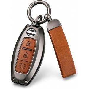 日産車対応 スマートキーケース 亜鉛合金＆レザー ガンメタル 全面保護カバー キーホルダー付き (ブラウン)