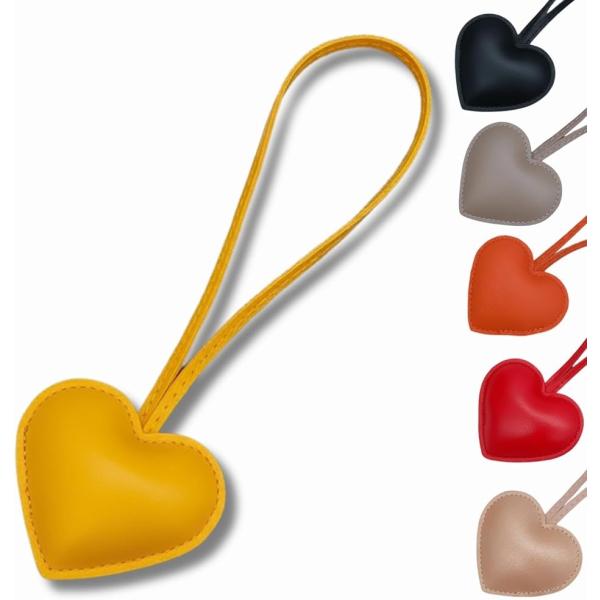 ハート バッグチャーム キーホルダー 大人可愛い レザー スクバ レディース (イエロー,  幅6....