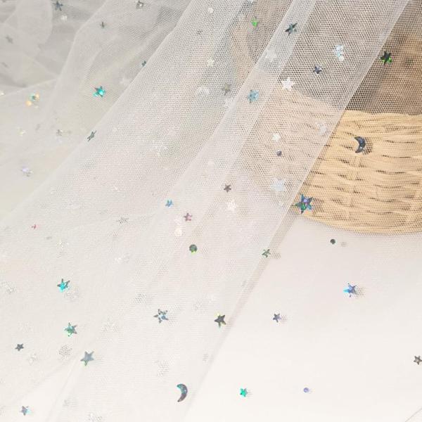 星 月 ソフトチュール 生地 1way 幅140cm オーロラ ラメ 透ける 布 薄手 (ホワイト,...