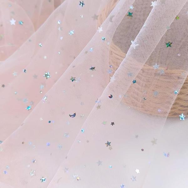 星 月 ソフトチュール 生地 1way 幅140cm オーロラ ラメ 透ける 布 薄手 (ライトピン...