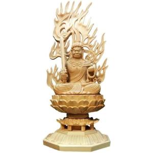仏像 不動明王 木彫り 仏壇仏像 置物 桧木製 守り本尊 悩み 祈る 厄除け (ベージュ, 高さ28cmx巾12cmx奥行12cm)