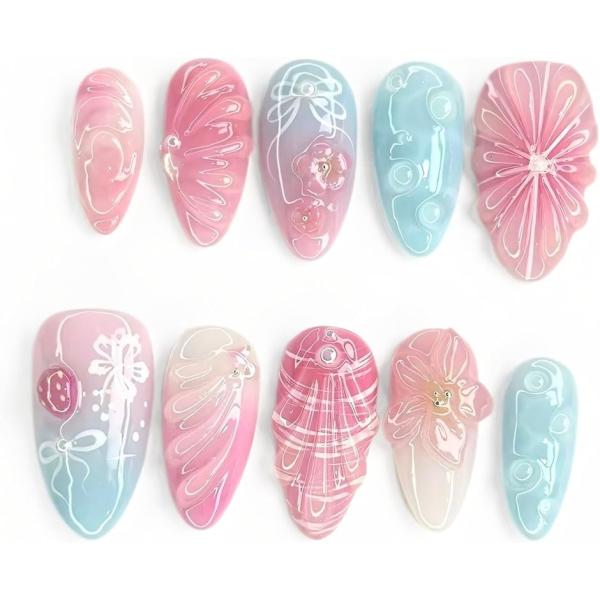 ネイルチップ 花 マーメイド 立体アート チークネイル グラデーション パール＆花パーツ付き (ピン...