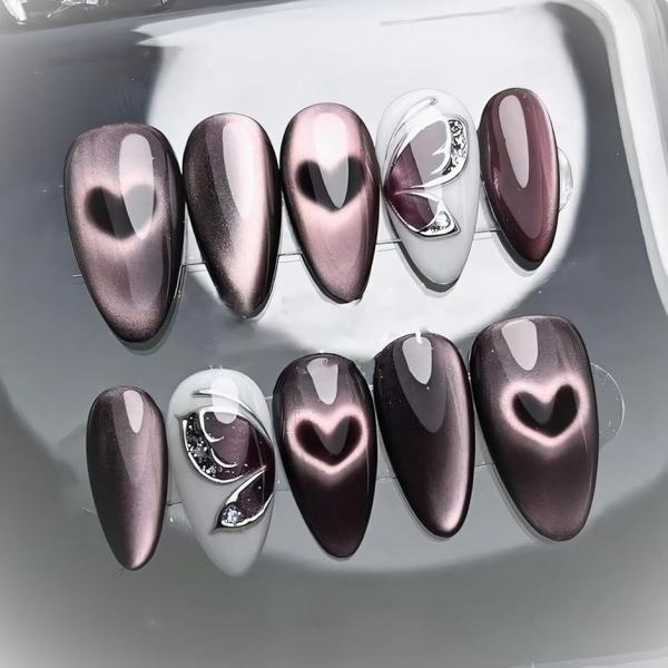 ネイルチップ マグネットネイル ハート ミディアム 24枚 付け爪 短め 可愛い ポイント (ブラウ...