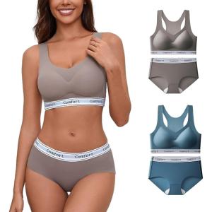 下着 レディース 2枚 上下 セット ノンワイヤー ブラ ショーツ シームレス フリーサイズ (ブルーカーキ, Free Size)