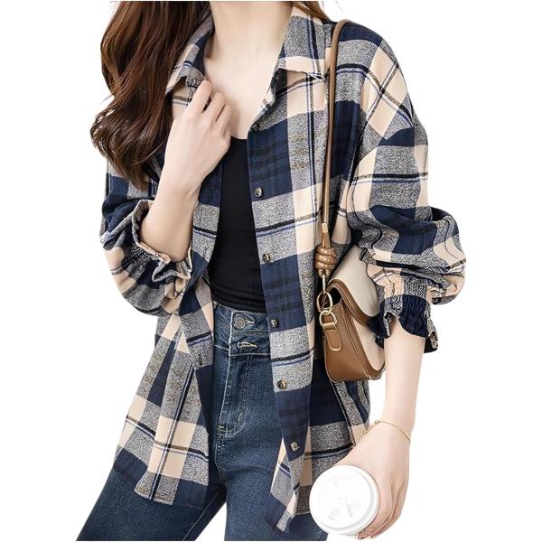 チェック柄シャツ ブラウス トップス 長袖 薄手 レディース (グリーン,  XL)