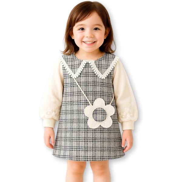 ワンピース キッズ ブラック チェック柄 袖刺繍レース 花ポシェット飾り 入園式 お出かけ 発表会 ...