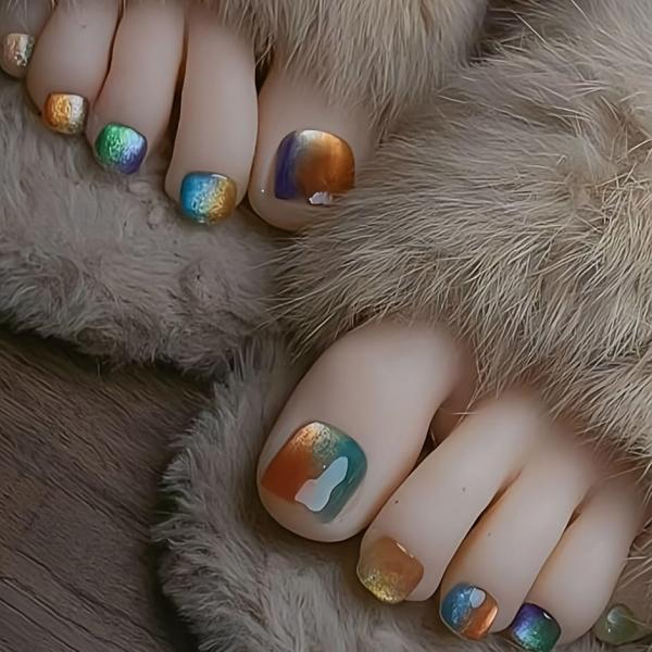 フットネイルチップ 足 足用 ペディキュア つけ爪 ギャル 韓国(グラデーション,  ショート)