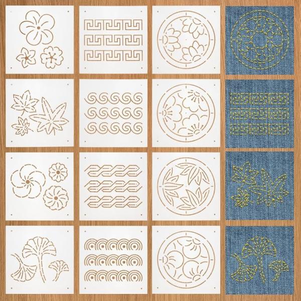 12枚 刺繍ステンシル 13ｘ13cm 厚さ0.3mm 刺し子ステンシル フラワー、リーフ、連続模様...