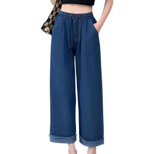 ワイド デニム パンツ レディース ウエストゴム ハイウエスト ジーンズ(ブルー,  M)