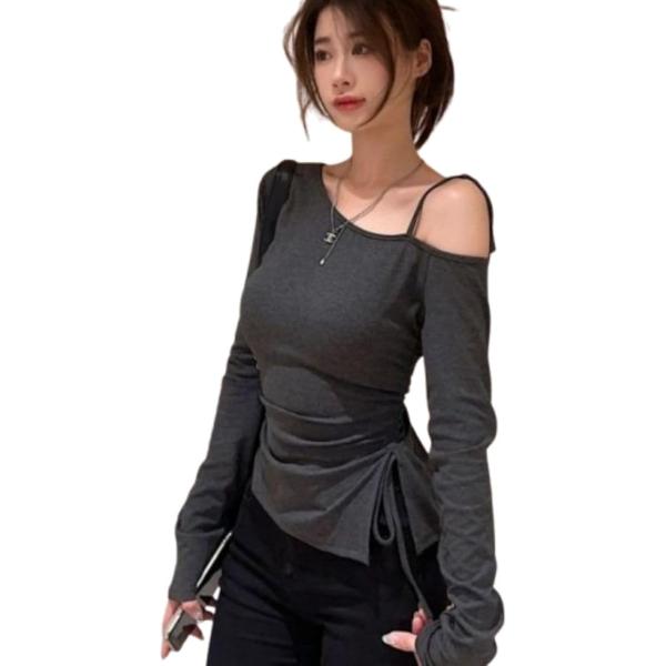 Y2K ワンショルダー トップス レディース 肩だし 長袖 Tシャツ カットソー スリット クロップ...