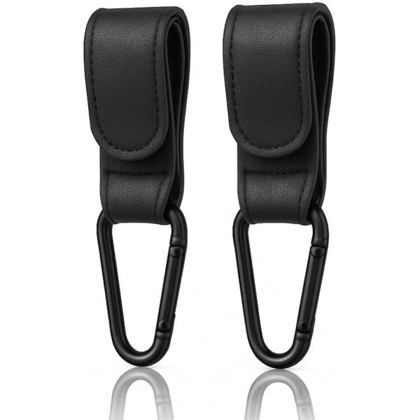 ベビーカーフック 2個セット カラビナ PUレザー 落下防止 テープ式(ブラック)