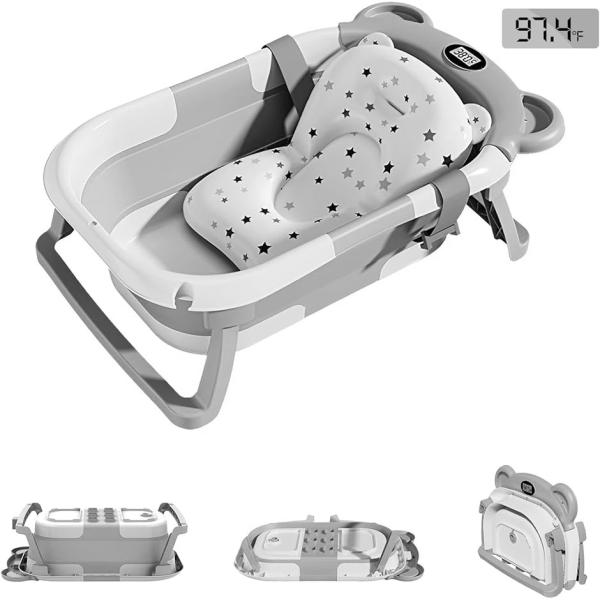 ベビーバス 折りたたみ 湯温計付き 滑り止め バスクッション付き 簡易収納 赤ちゃん お風呂 浴槽 ...
