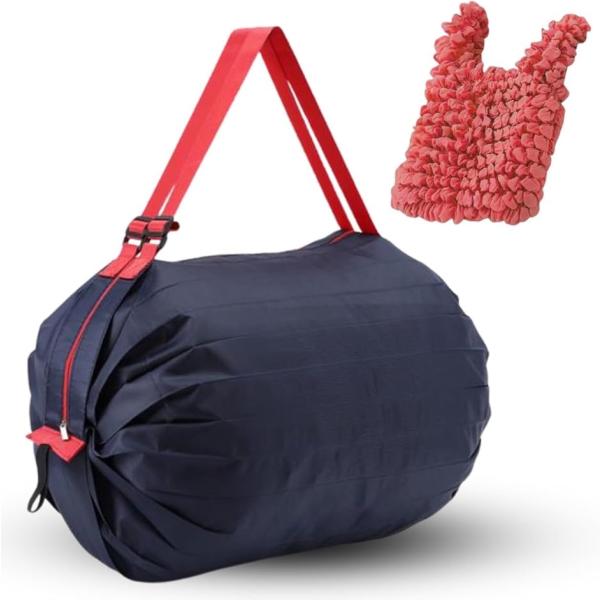 エコバッグ 大容量 折りたたみ コンパクト 軽量 ファスナー付 伸縮 くしゅくしゅバッグ付き(ネイビ...