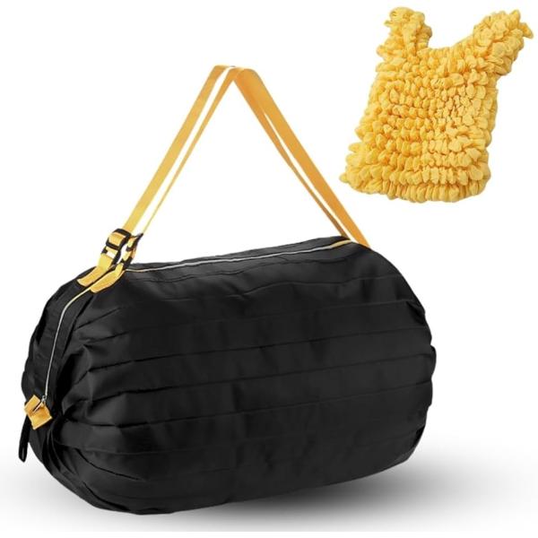 エコバッグ 大容量 折りたたみ コンパクト 軽量 ファスナー付 伸縮 くしゅくしゅバッグ付き(ブラッ...