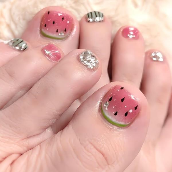 フットネイルチップ 足 足用 ペディキュア つけ爪 ギャル 韓国(すいか,  ショート)