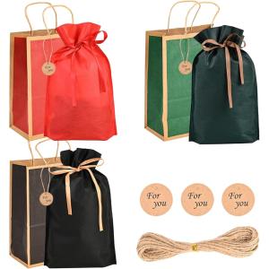 3セット プレゼント 袋 ラッピング gift bag 3色 紙袋 不織布バッグ リボン付き 巾着袋 (不織布+紙袋 (赤+深緑+黒))