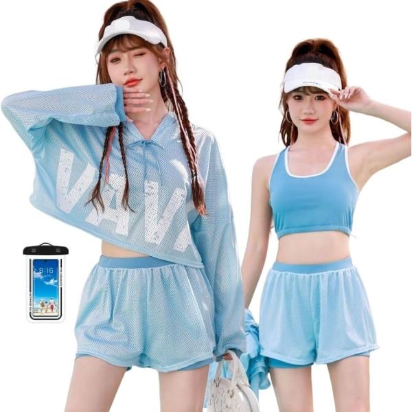 水着 レディース 体型カバー タンキニ 長袖 ラッシュガード パーカー 付 中学生 高校生(ライトブ...