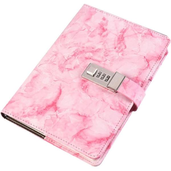 鍵付きノート 大理石 手帳 日記帳 A5 ロック可能 詰め替え可能 秘密 パスワード(ピンク)
