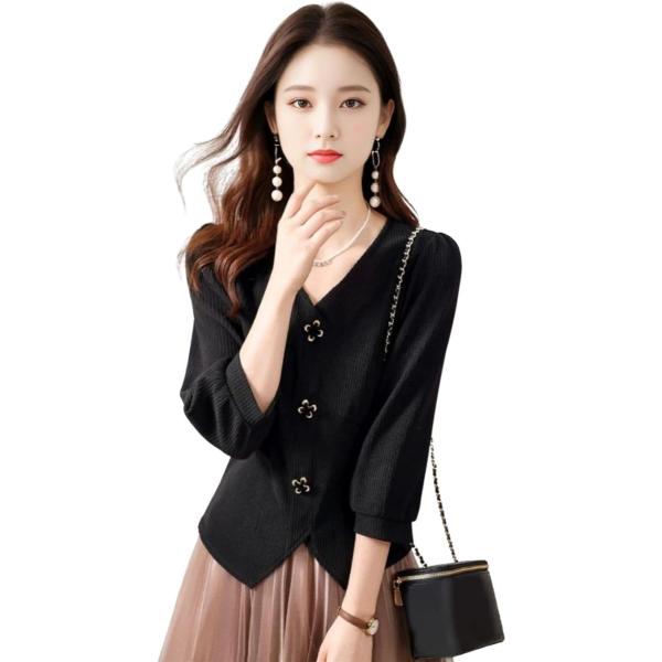 ジェイスコット デザインボタントップス 7分袖 襟なし ファスナー付き V字裾カット スタイリッシュ...