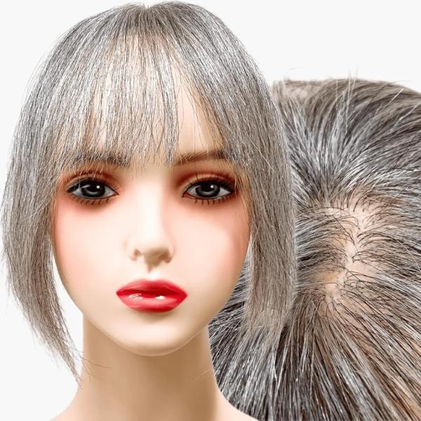 部分ウィッグ かつら ヘアピース ポイントウィッグ 白髪 グレイヘアー(白8黒2(人毛100%), ...
