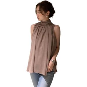 ブルーベリル シフォンブラウス レディース ギャザーブラウス ノースリーブ スタンドカラー バックリ...