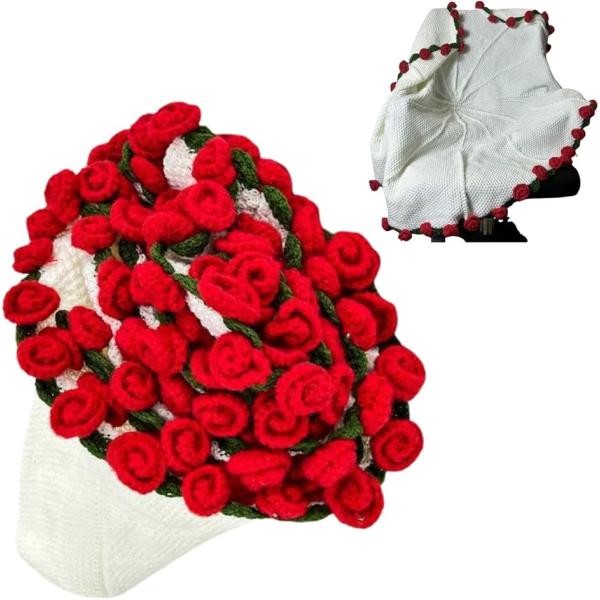 花束になるブランケット ブーケ フラワー かわいい 毛糸 バラ 編み物 鍵針 柔らかい 寝室 (レッ...